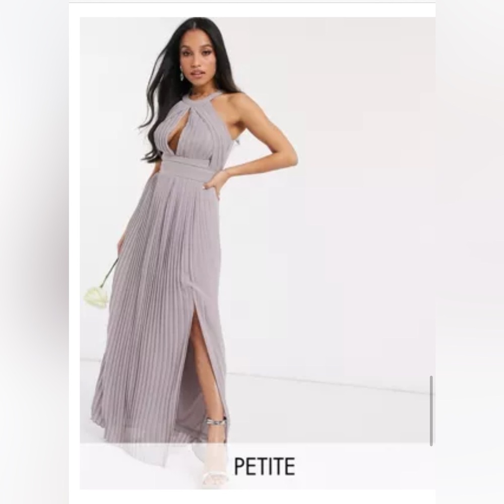 TFNC Petite bridesmaid exclusive pleated maxi dress in gray